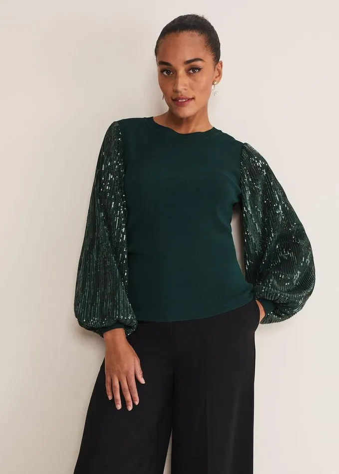 Phase Eight Everley Sequin Sleeve Top Dark Green Women Knitwear