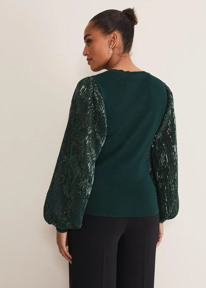 Phase Eight Everley Sequin Sleeve Top Dark Green Women Knitwear