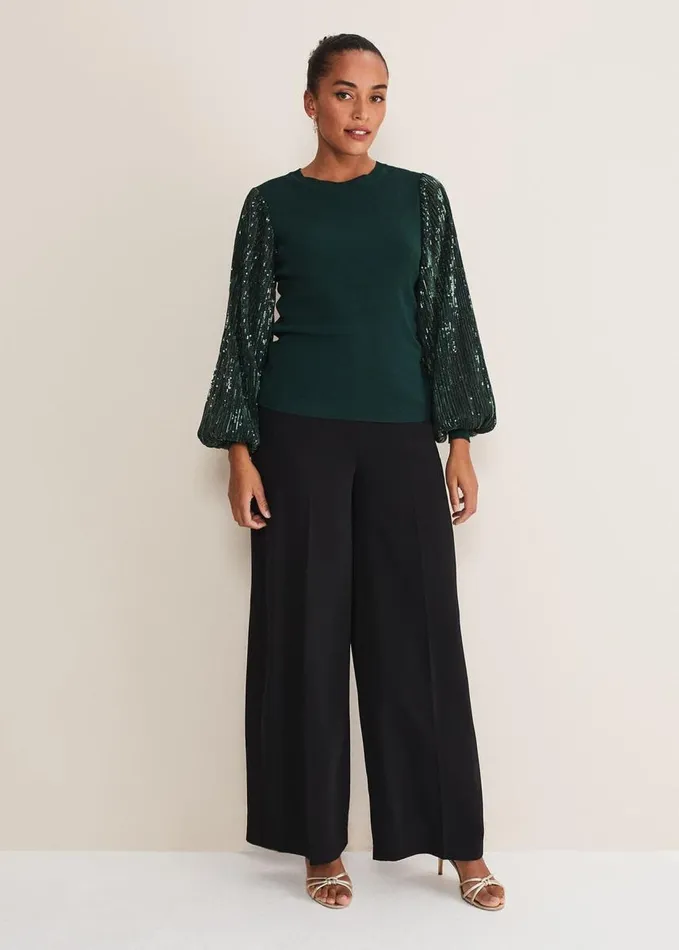 Phase Eight Everley Sequin Sleeve Top Dark Green Women Knitwear