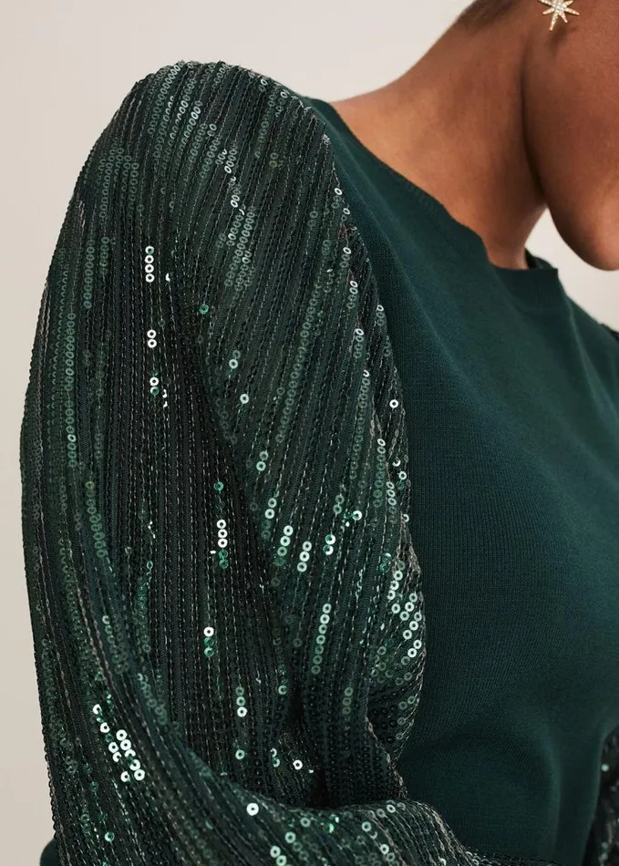 Phase Eight Everley Sequin Sleeve Top Dark Green Women Knitwear