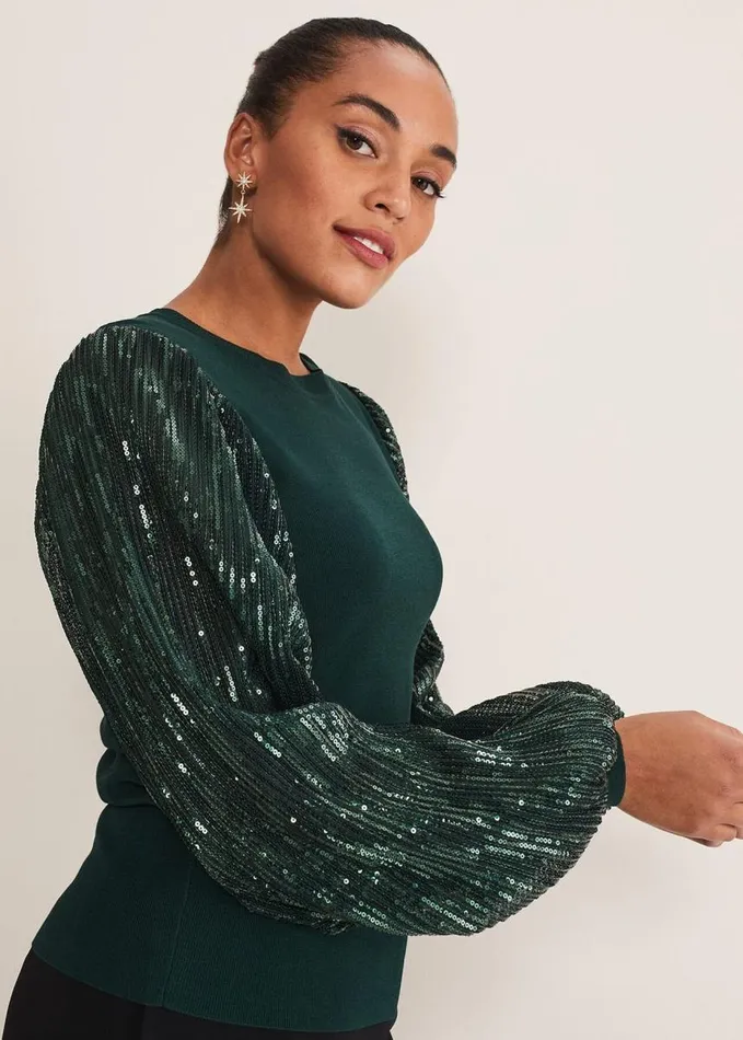 Phase Eight Everley Sequin Sleeve Top Dark Green Women Knitwear