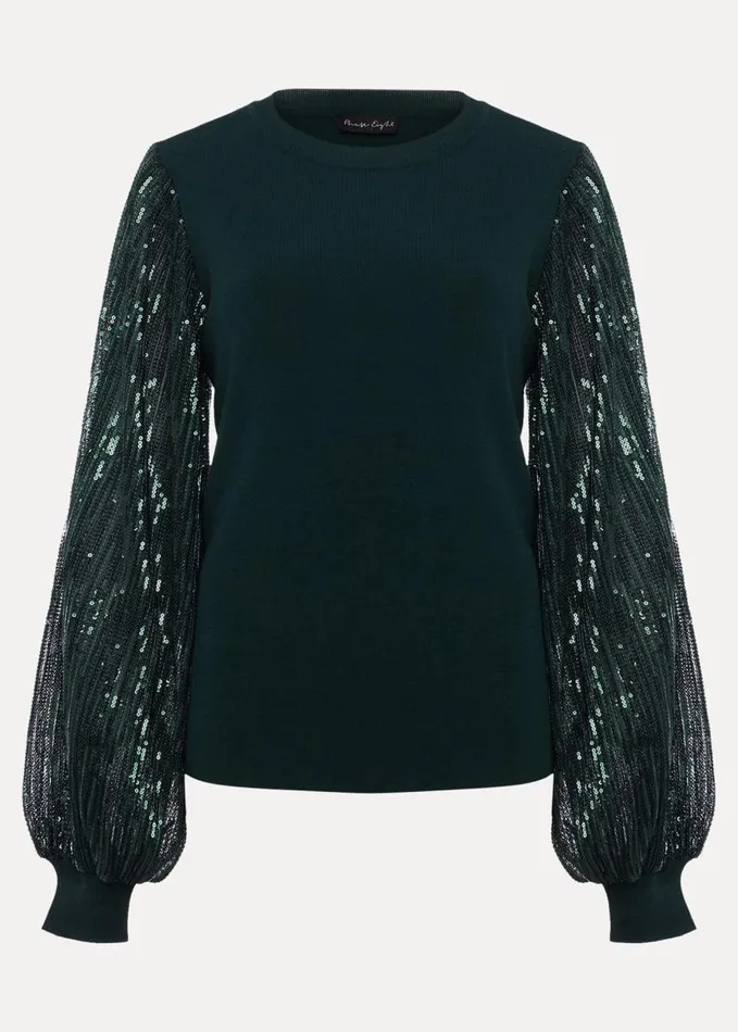 Phase Eight Everley Sequin Sleeve Top Dark Green Women Knitwear