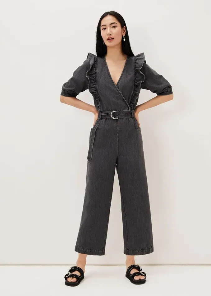 Phase Eight Flora Denim Frill Jumpsuit Grey Women Jumpsuits