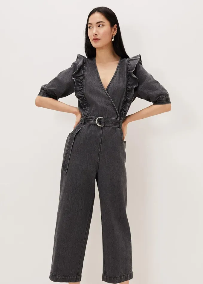 Phase Eight Flora Denim Frill Jumpsuit Grey Women Jumpsuits