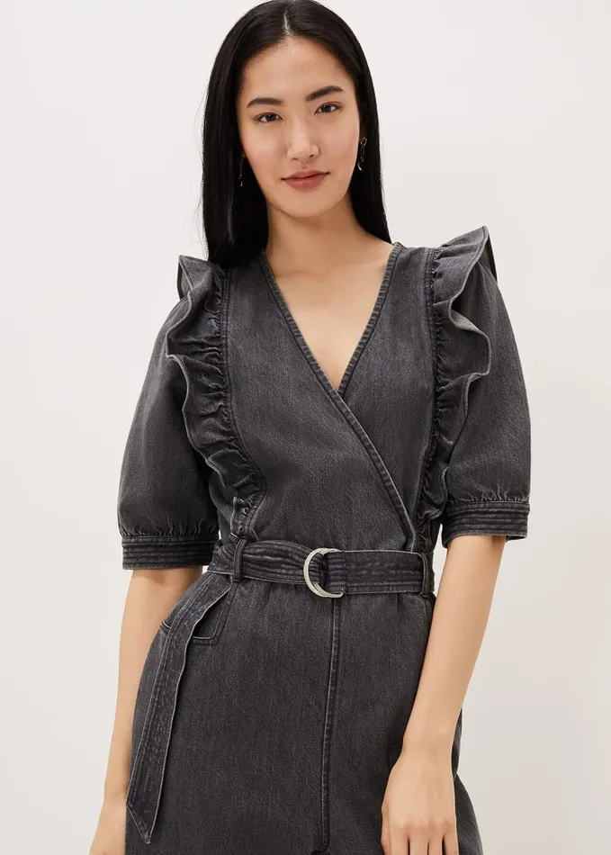 Phase Eight Flora Denim Frill Jumpsuit Grey Women Jumpsuits