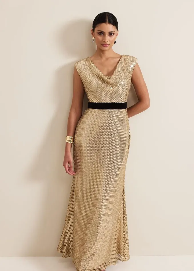 Phase Eight Jamae Gold Sequin Maxi Dress Gold Women Dresses