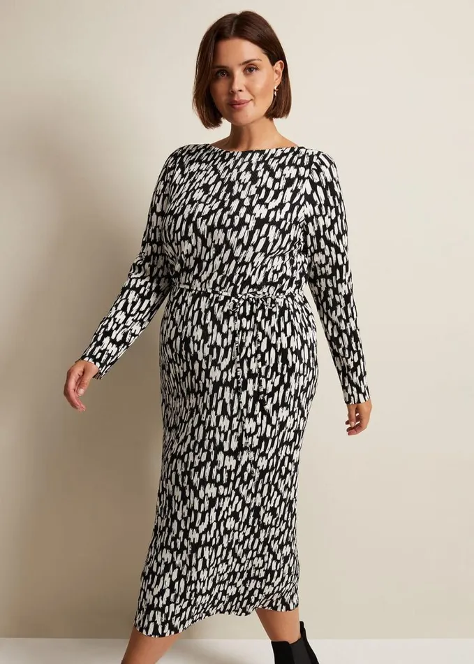 Phase Eight Jane Spotted Plisse Midi Dress Blackivory Women Dresses