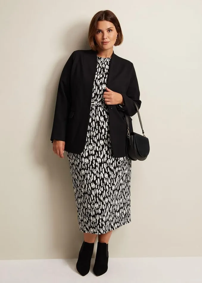 Phase Eight Jane Spotted Plisse Midi Dress Blackivory Women Dresses