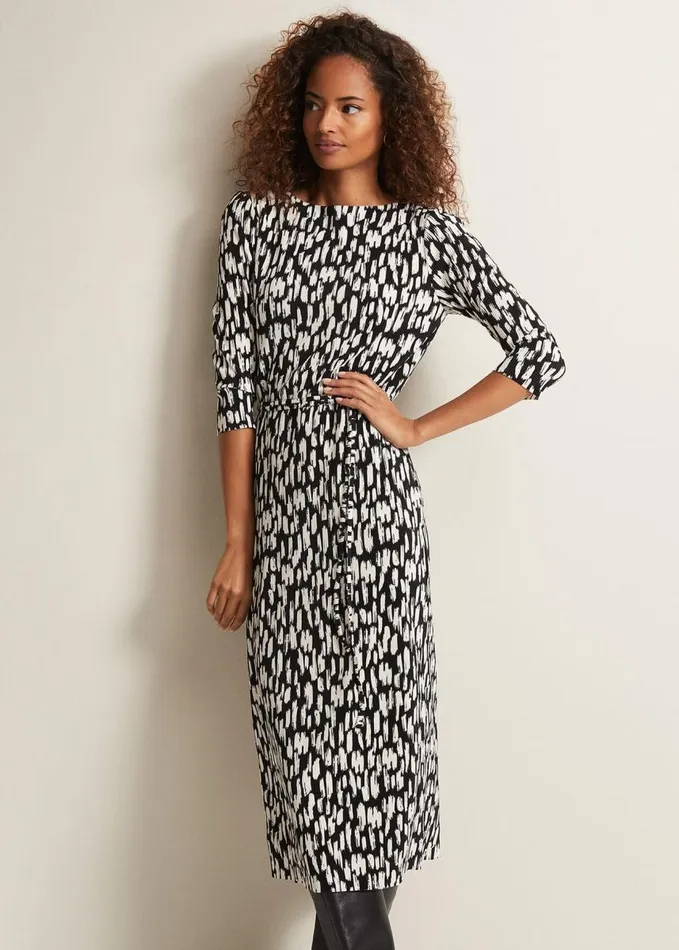 Phase Eight Jane Spotted Plisse Midi Dress Blackivory Women Dresses