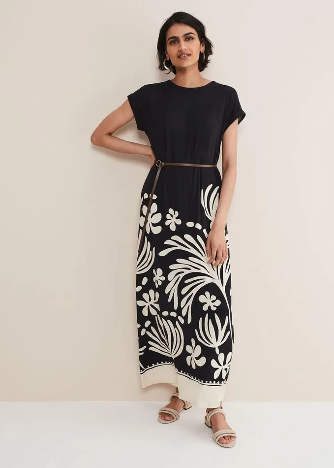 Phase Eight Jeanne Placement Print Jersey Maxi Dress Stoneblack Women Dresses