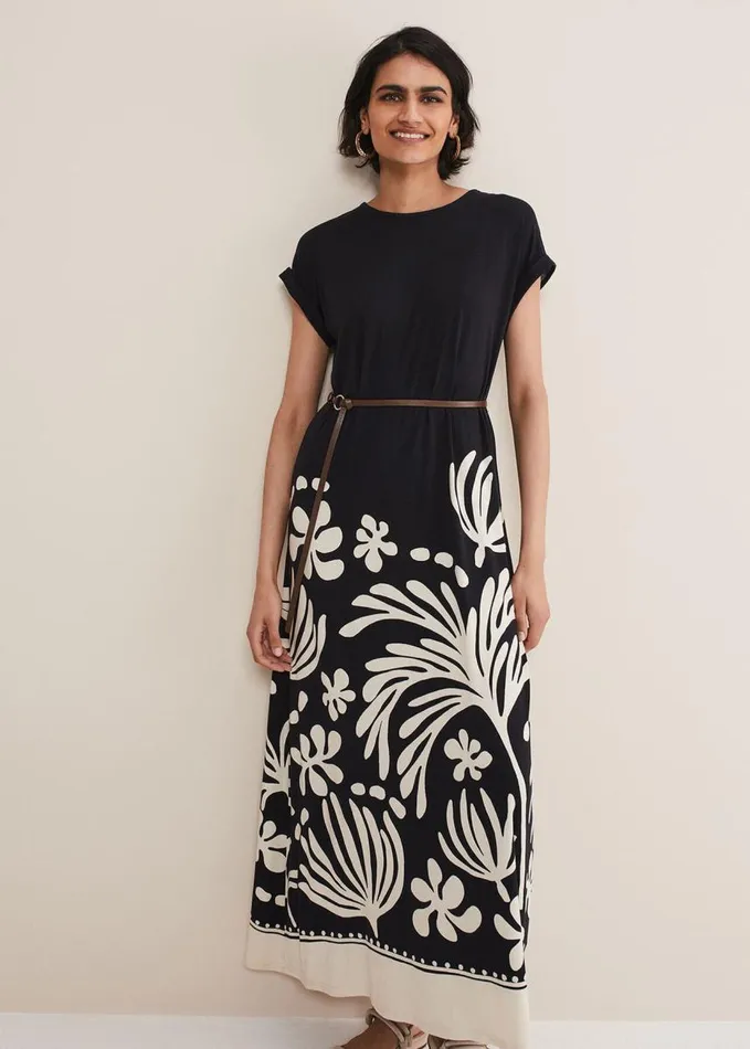 Phase Eight Jeanne Placement Print Jersey Maxi Dress Stoneblack Women Dresses