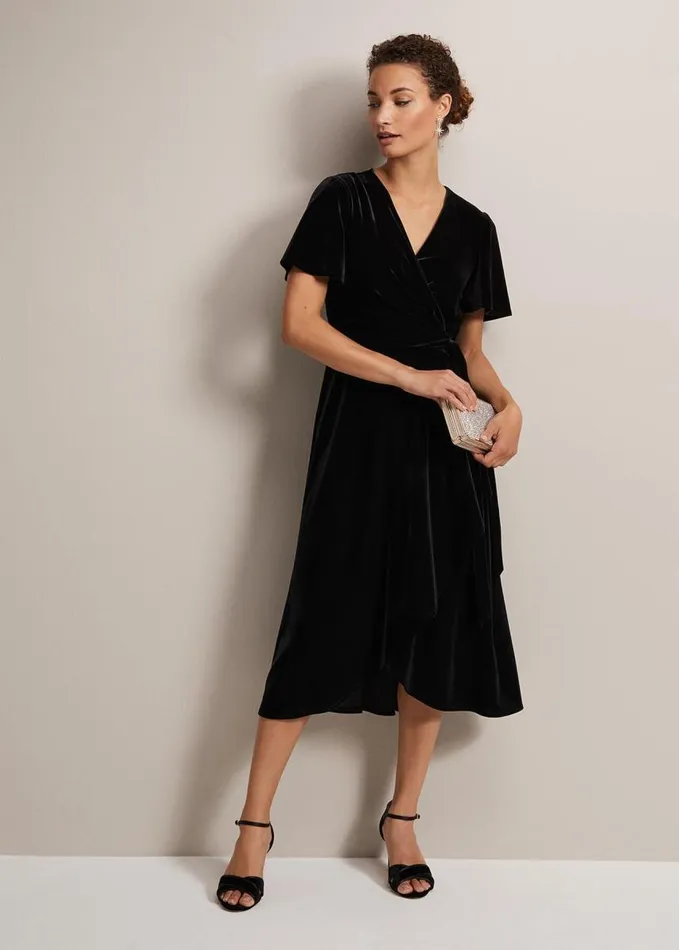 Phase Eight Julissa Velvet Ruffle Wrap Midi Dress Black Women Dresses