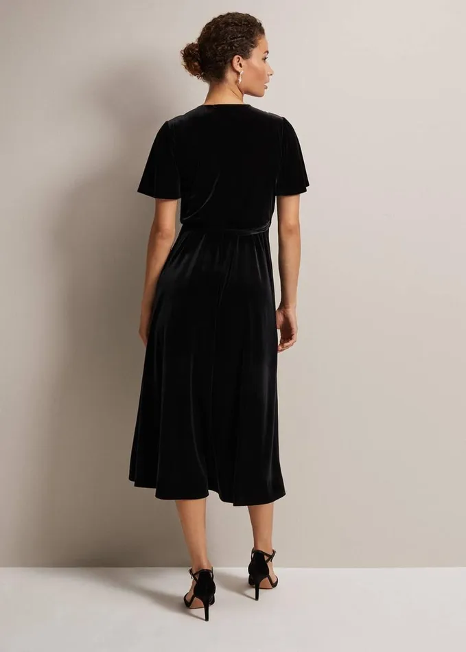 Phase Eight Julissa Velvet Ruffle Wrap Midi Dress Black Women Dresses