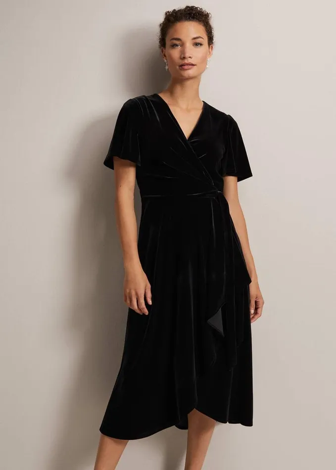 Phase Eight Julissa Velvet Ruffle Wrap Midi Dress Black Women Dresses