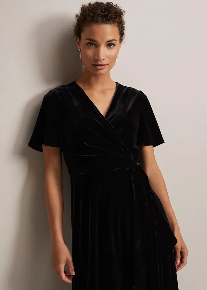 Phase Eight Julissa Velvet Ruffle Wrap Midi Dress Black Women Dresses