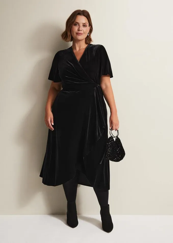 Phase Eight Julissa Velvet Ruffle Wrap Midi Dress Black Women Dresses