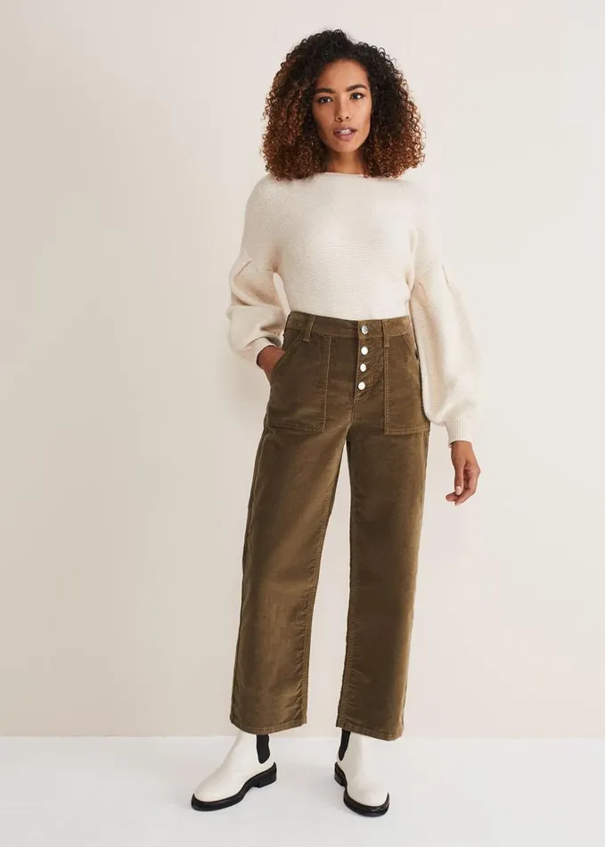 Phase Eight Karlie Button Through Corduroy Jeans Olive Women Trousers