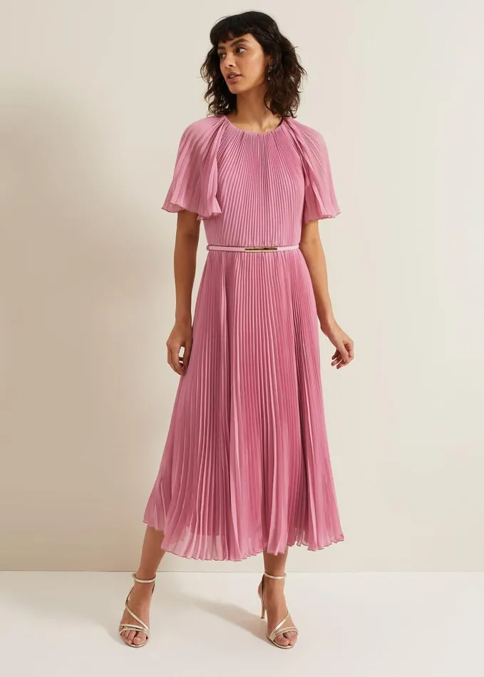 Phase Eight Kathleen Pleated Plain Midi Dres Pink Women Dresses