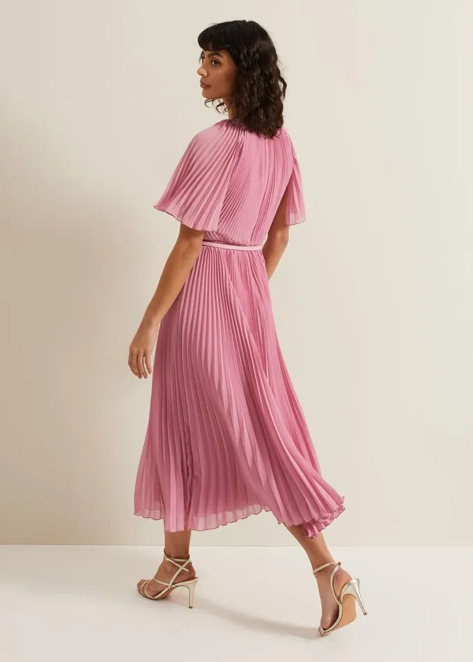 Phase Eight Kathleen Pleated Plain Midi Dres Pink Women Dresses