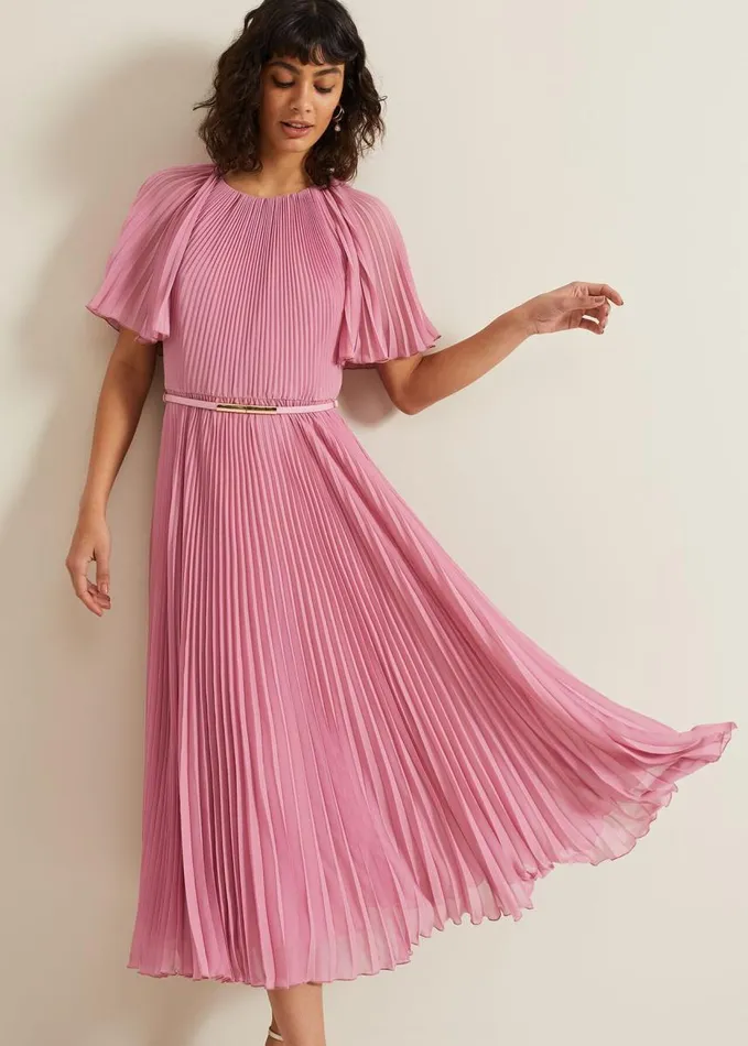 Phase Eight Kathleen Pleated Plain Midi Dres Pink Women Dresses