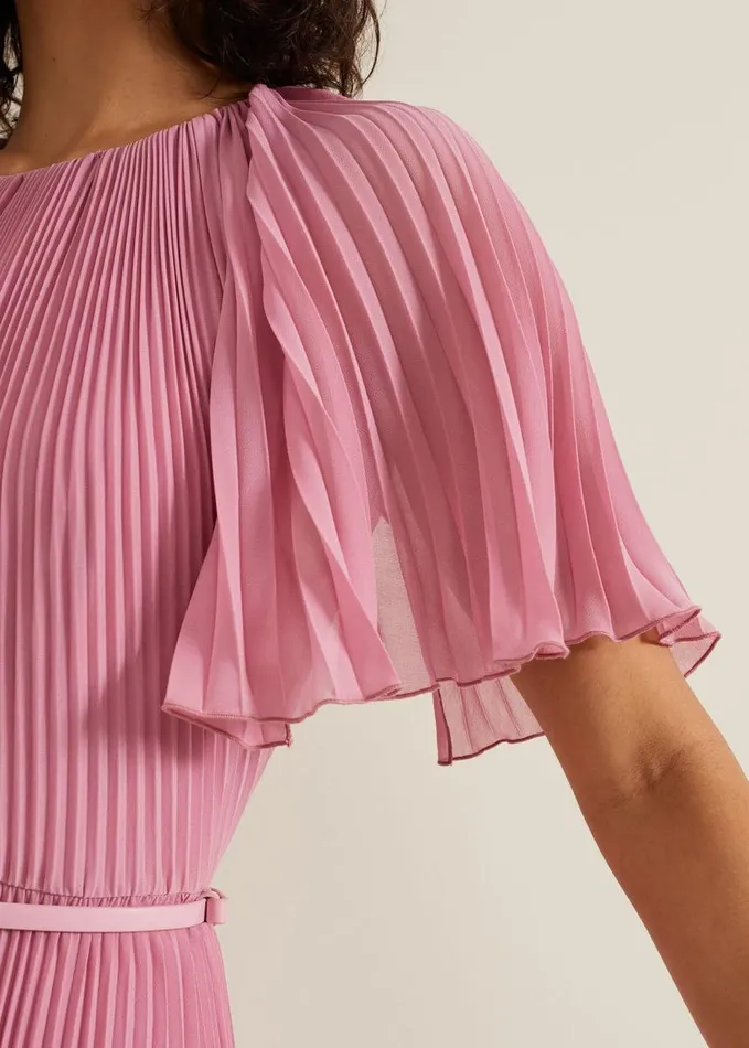 Phase Eight Kathleen Pleated Plain Midi Dres Pink Women Dresses