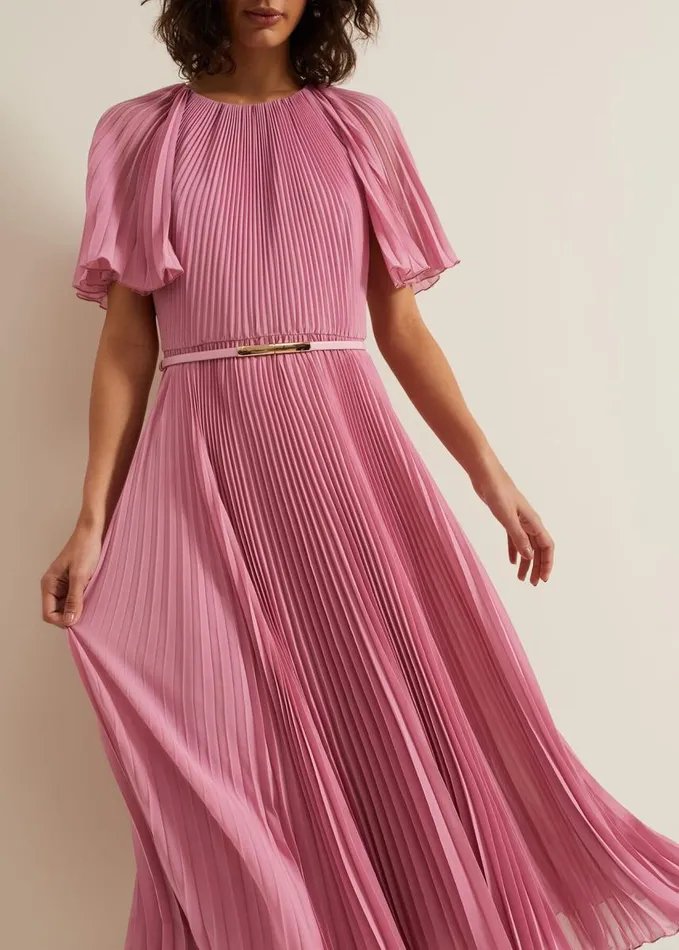 Phase Eight Kathleen Pleated Plain Midi Dres Pink Women Dresses