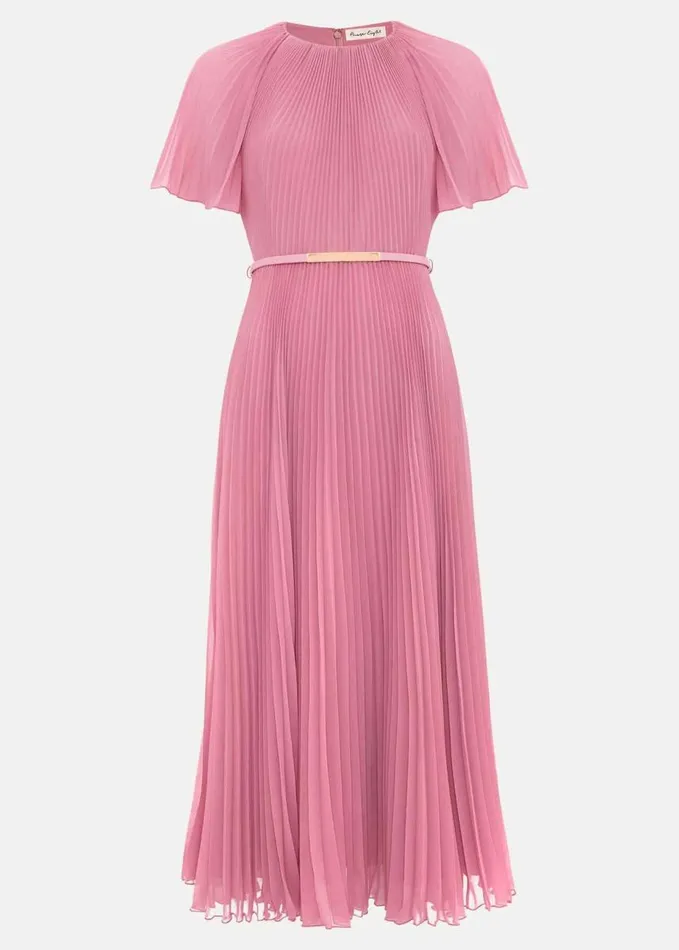 Phase Eight Kathleen Pleated Plain Midi Dres Pink Women Dresses