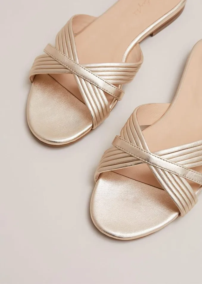 Phase Eight Leather Flat Slider Sandal Gold Women Flats