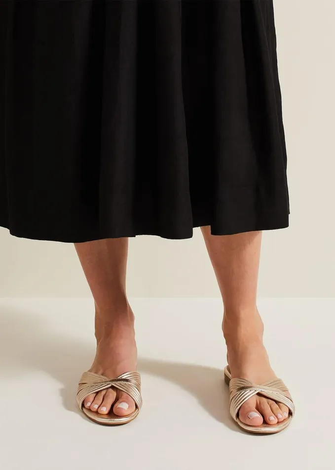 Phase Eight Leather Flat Slider Sandal Gold Women Flats