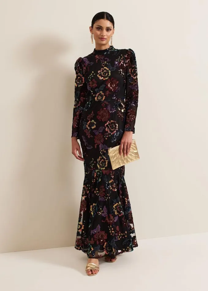 Phase Eight Lelo Sequin Long Sleeved Maxi Dress Blackmulti Women Dresses