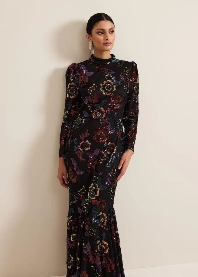 Phase Eight Lelo Sequin Long Sleeved Maxi Dress Blackmulti Women Dresses