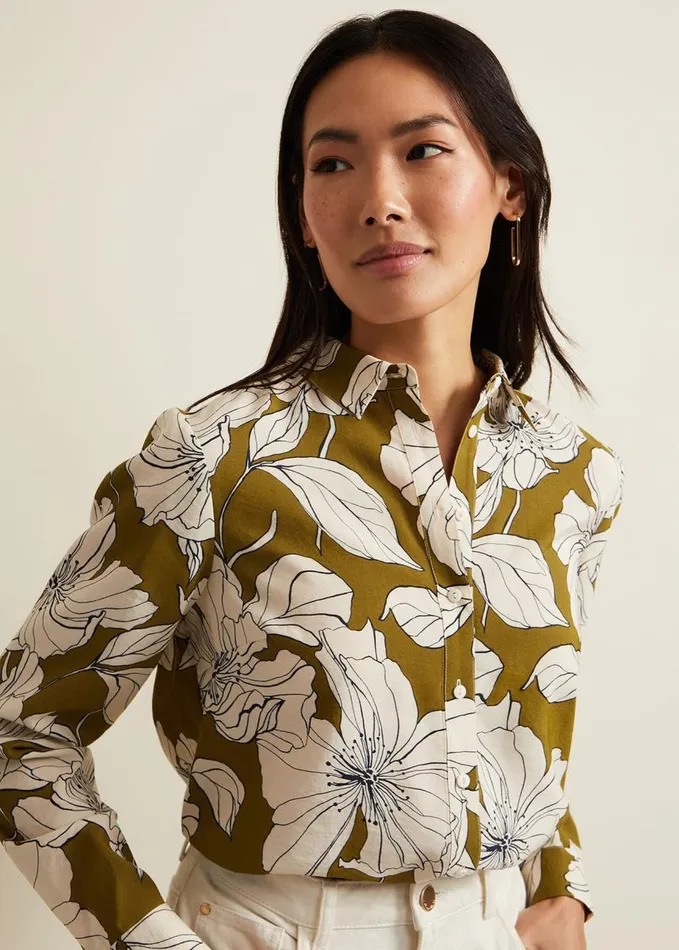 Phase Eight Lena Linear Floral Shirt Olive Women Shirts and Blouses
