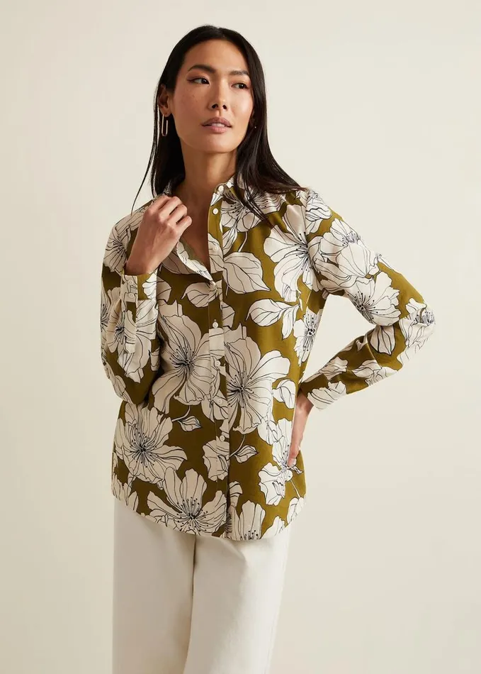 Phase Eight Lena Linear Floral Shirt Olive Women Shirts and Blouses