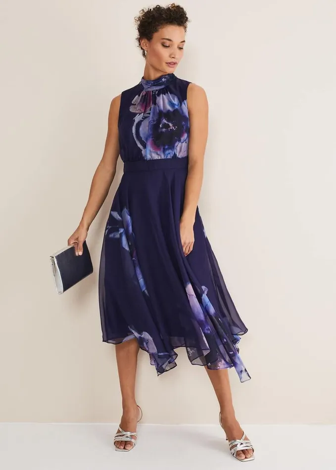 Phase Eight Lucinda Chiffon Floral Midi Dress Navymulti Women Dresses