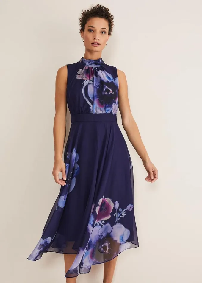 Phase Eight Lucinda Chiffon Floral Midi Dress Navymulti Women Dresses