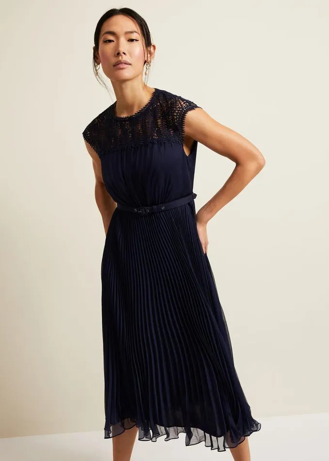 Phase Eight Makaela Pleat Embroidered Dress Navy Women Dresses