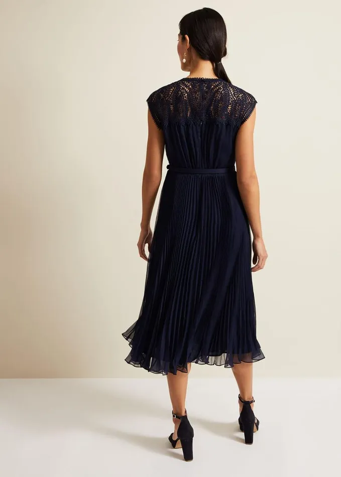 Phase Eight Makaela Pleat Embroidered Dress Navy Women Dresses