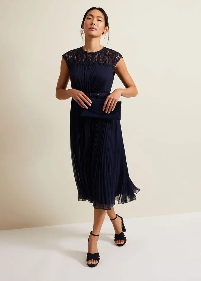 Phase Eight Makaela Pleat Embroidered Dress Navy Women Dresses