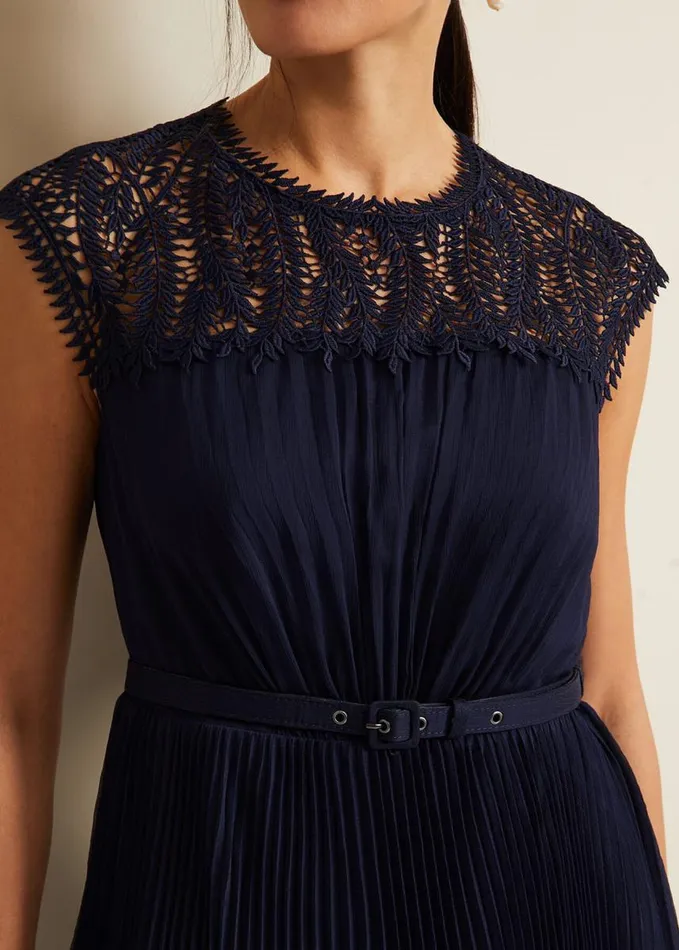 Phase Eight Makaela Pleat Embroidered Dress Navy Women Dresses