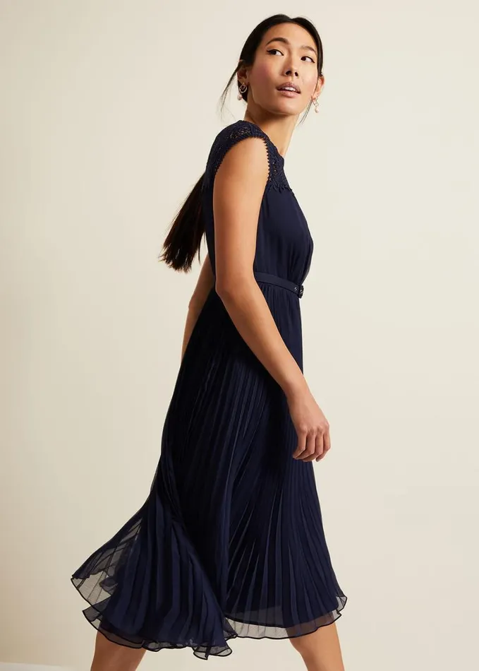 Phase Eight Makaela Pleat Embroidered Dress Navy Women Dresses