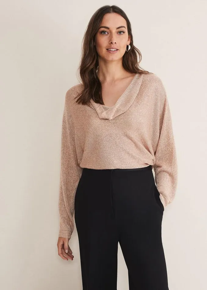 Phase Eight Malti Metallic Cowl Neck Knit Rose Gold Women Knitwear