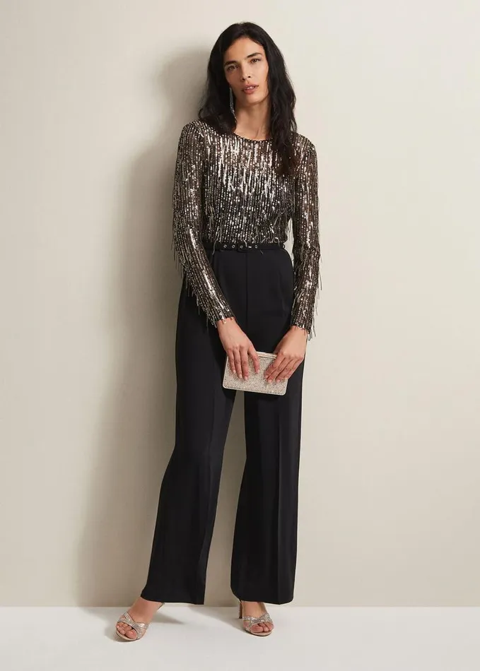 Phase Eight Mariah Sequin Fringe Wide Leg Jumpsuit Black Women Dresses