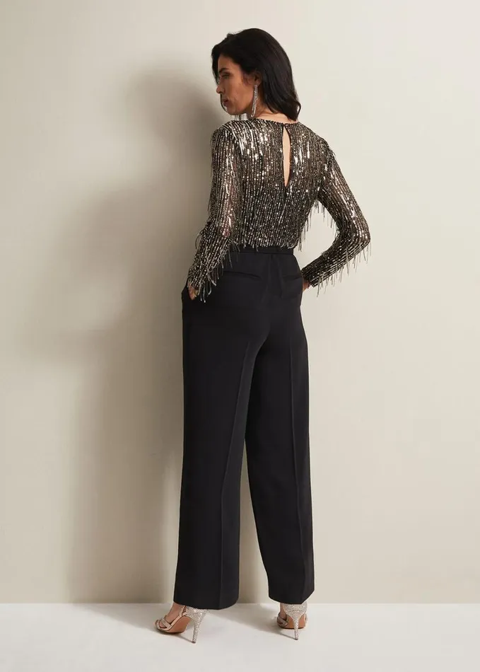 Phase Eight Mariah Sequin Fringe Wide Leg Jumpsuit Black Women Dresses