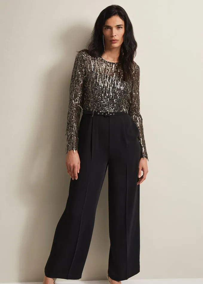 Phase Eight Mariah Sequin Fringe Wide Leg Jumpsuit Black Women Dresses