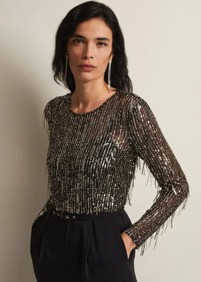 Phase Eight Mariah Sequin Fringe Wide Leg Jumpsuit Black Women Dresses