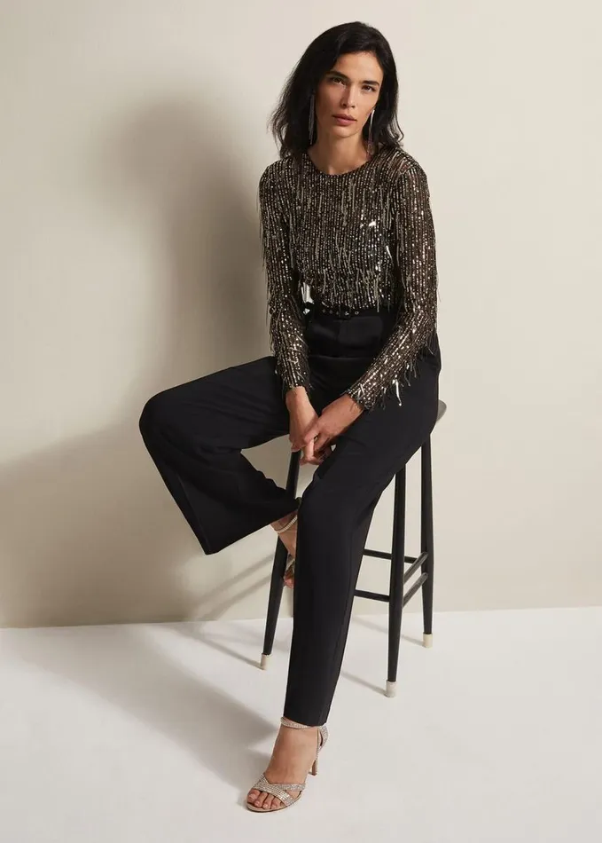 Phase Eight Mariah Sequin Fringe Wide Leg Jumpsuit Black Women Dresses