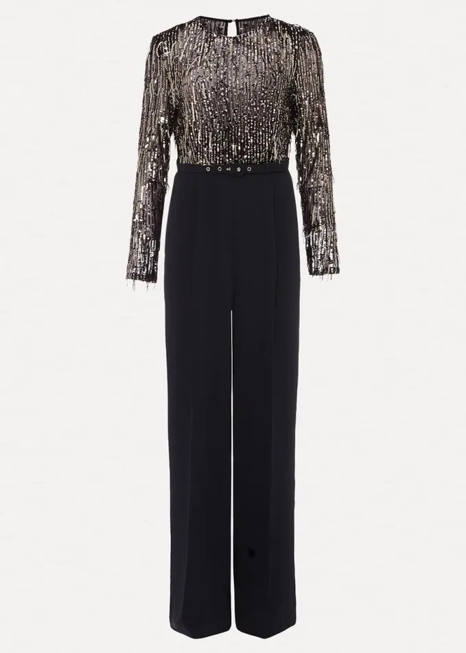 Phase Eight Mariah Sequin Fringe Wide Leg Jumpsuit Black Women Dresses