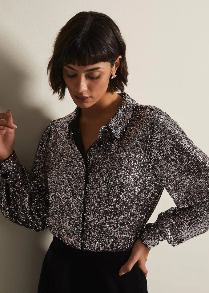 Phase Eight Medora Sequin Shirt Silver Women Shirts and Blouses