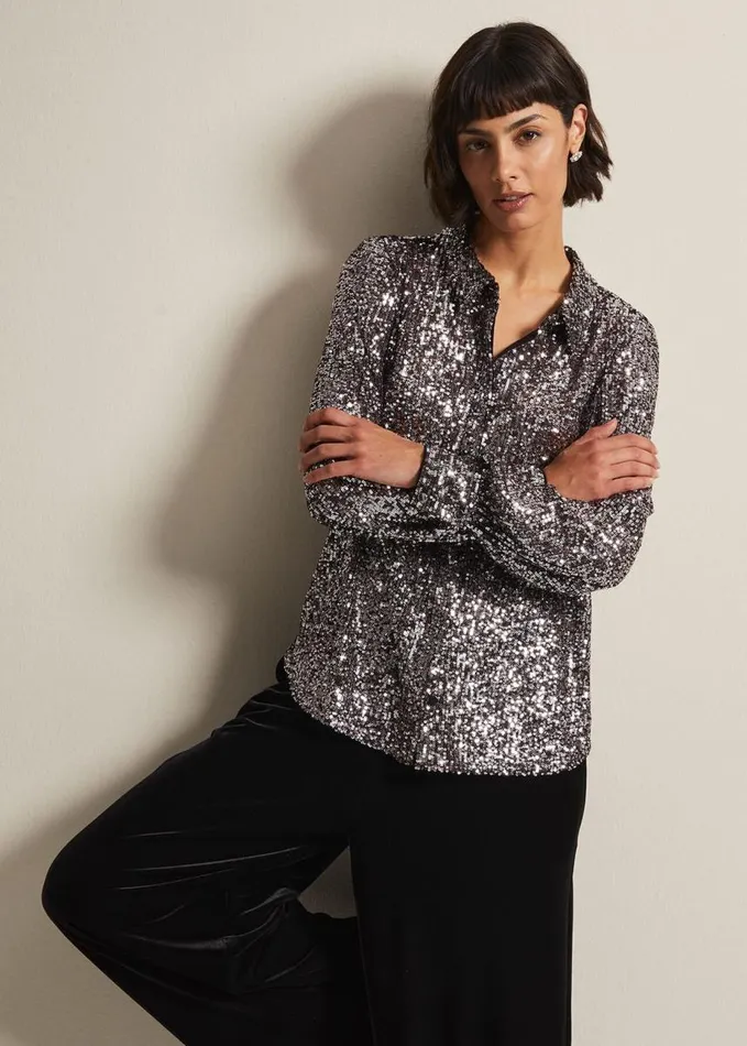 Phase Eight Medora Sequin Shirt Silver Women Shirts and Blouses