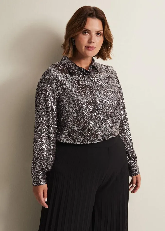 Phase Eight Medora Sequin Shirt Silver Women Shirts and Blouses